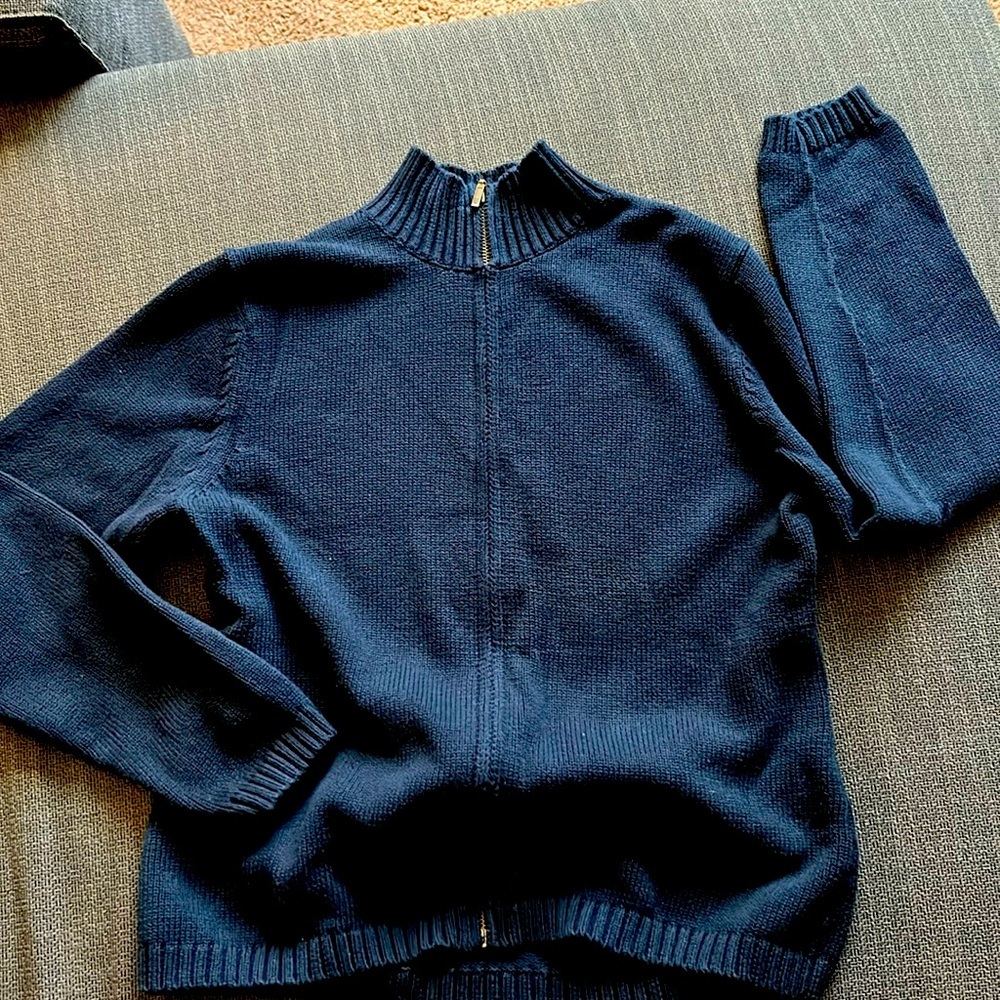 LL Bean Navy Blue Chunky Cable Knit Cardigan zipper Sweater 100% Cotton Size M